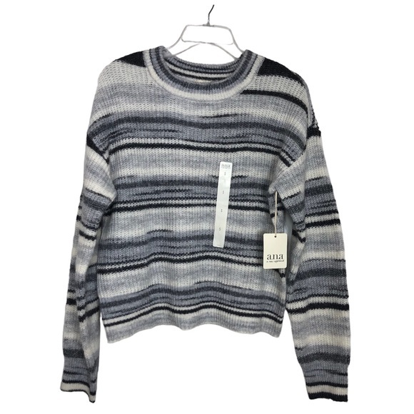 Ana Wool blend Rn#114186 Gray white Straps Crew Neck Pull Over Knit Sweater S - Picture 1 of 12